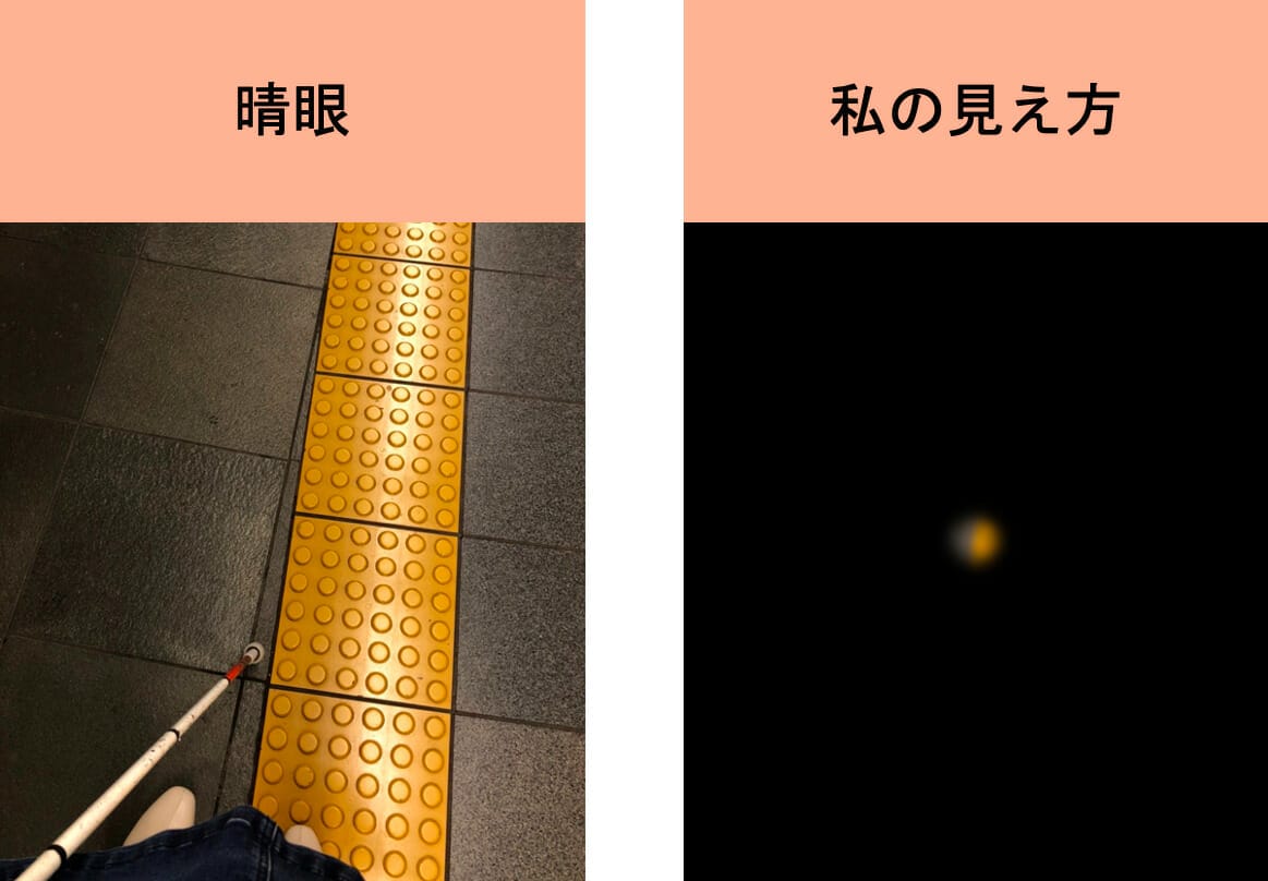 白杖と点字ブロックの写真。左側は晴眼の人の見え方。右側は私の見え方中心の部分が少しだけ見えています。