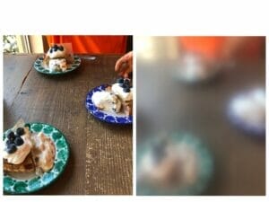 三つのケーキの写真が2枚並んでいる。左は普通の見え方、右はぼやけて輪郭がはっきりしない白濁の見え方