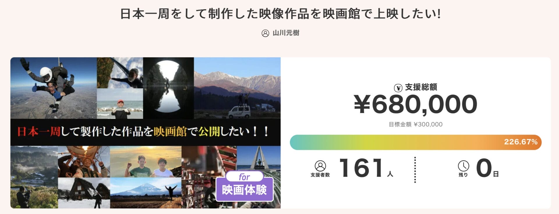 日本一周しながら制作した映画を映画館で上映するクラウドファンディング